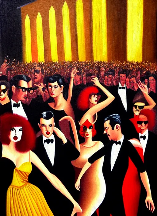 Prompt: film noir disco, crowds of people, she arrived in a golden dress oil painting