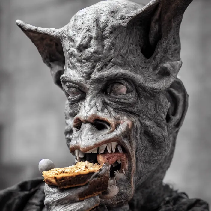 Image similar to closeup profile face portrait of a medieval goblin eating cakes in the cloisters, depth of field, zeiss lens, detailed, symmetrical, centered, fashion photoshoot, by annie leibovitz and steve mccurry, david lazar, jimmy nelsson, breathtaking, 8 k resolution, extremely detailed, beautiful, establishing shot, artistic, hyperrealistic, beautiful face, octane render