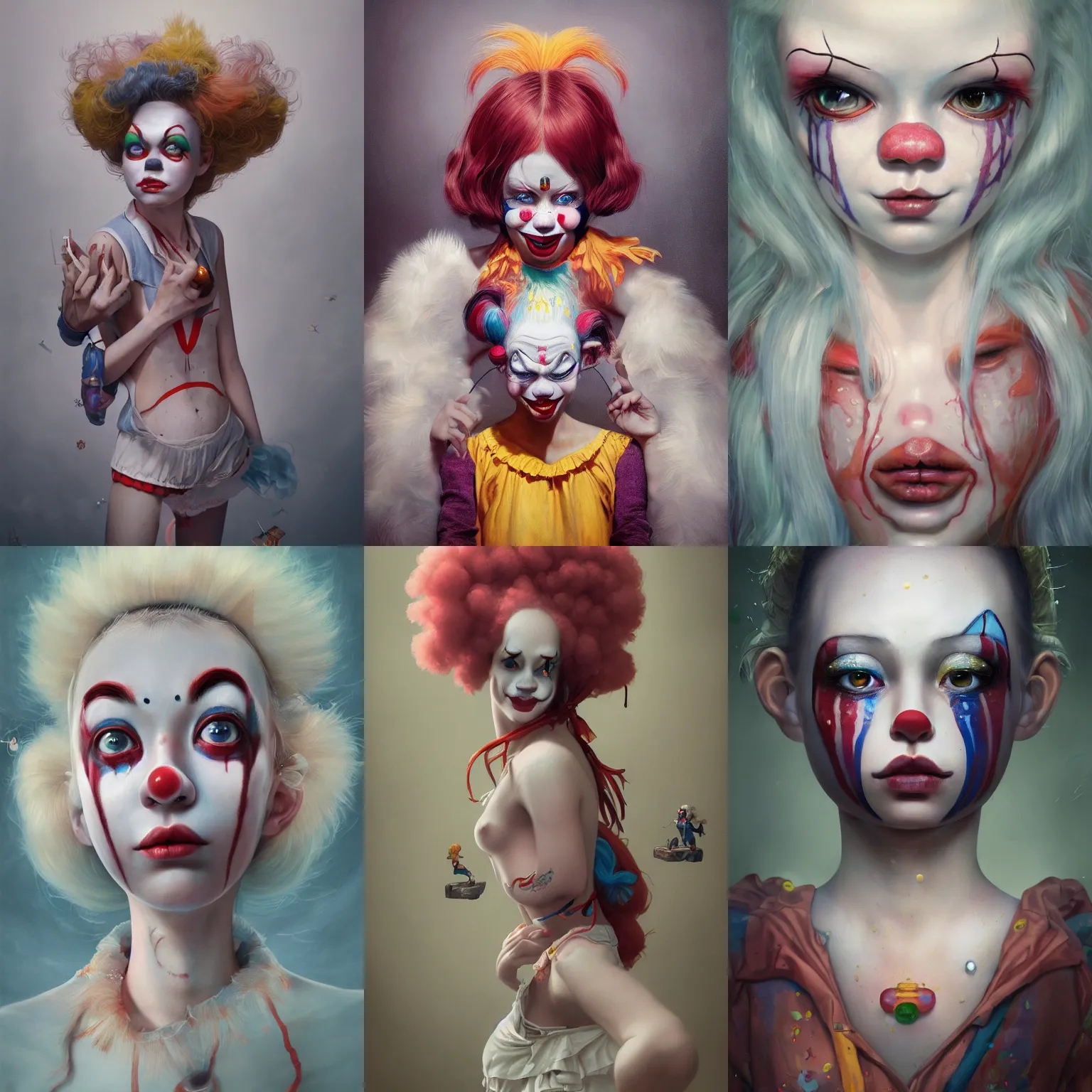 Image similar to breathtaking detailed painting of clown girl , with anxious, piercing eyes, Atari game cover art by Hsiao-Ron Cheng, James jean, Miho Hirano, Hayao Miyazaki, extremely moody lighting, hyperrealistic, octane render, RPG portrait, ambient light, dynamic lighting