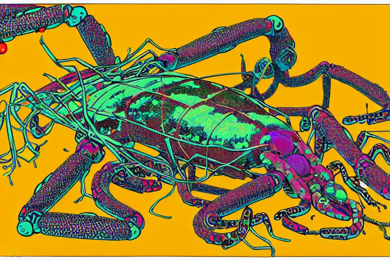 Image similar to risograph grainy drawing vintage sci - fi, satoshi kon color palette, gigantic fat mantis full - body covered with robot parts and wires, with lot tentacles, insects and dragonflies around, painting by moebius and satoshi kon and dirk dzimirsky close - up portrait
