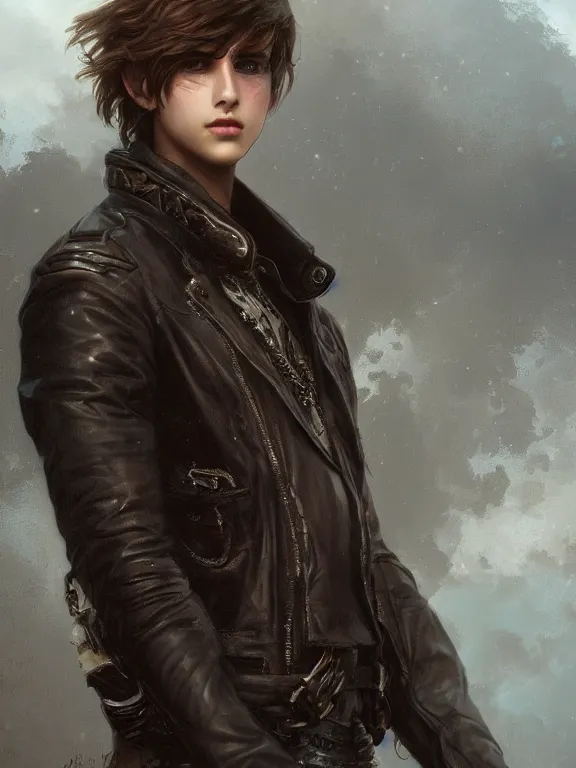 Image similar to a beautiful and detailed matte painting of a young male teenage boy wearing a leather jacket, fantasy, d & d, dark eyeliner, intricate, elegant, highly detailed, digital painting, artstation, concept art, matte, sharp focus, illustration, art by greg rutkowski and alphonse mucha