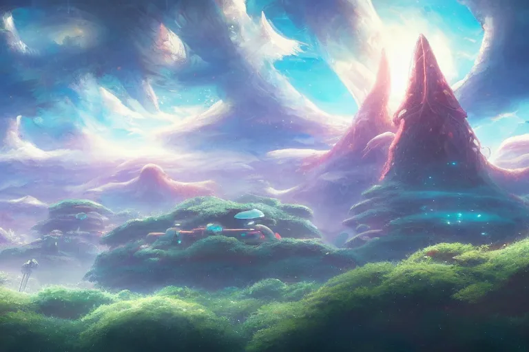 Prompt: a ghibli inspired galactic land floating through the sky, mesmerizing, beautiful, fantastical, concept art, highly detailed, artstation, trending, feng zhu, shaddy safadi, noah bradley, tyler edlin, jordan grimmer, darek zabrocki, neil blevins, tuomas korpi