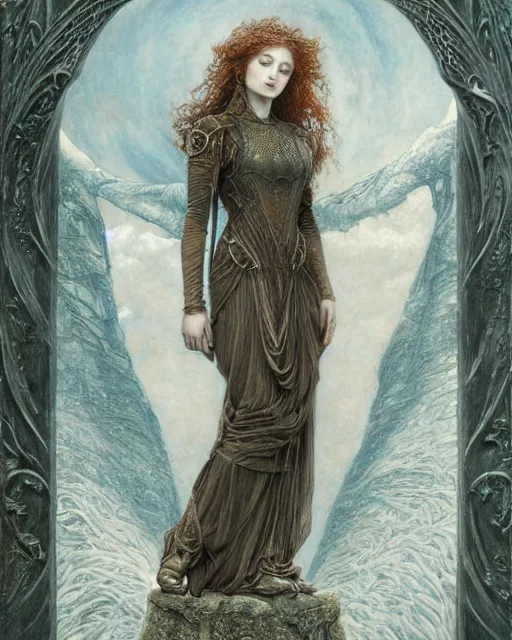 Prompt: matte painting portrait shot, beautiful sophie turner, steampunk, detailed and intricate by jean delville, gustave dore and marco mazzoni, art nouveau, symbolist, visionary, gothic, pre - raphaelite