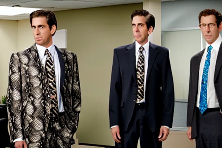 Prompt: anthropomorphic shark businessmen in snakeskin business suits in the show the office