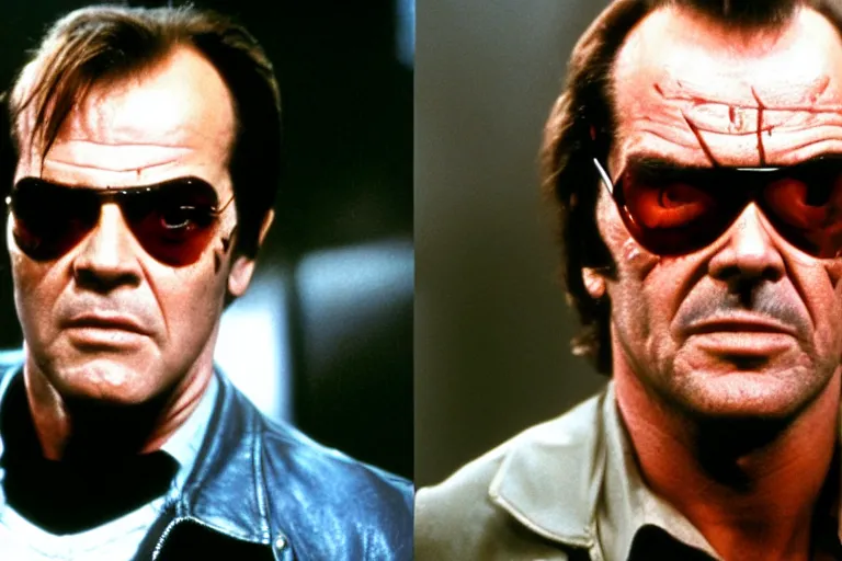 Image similar to Jack Nicholson plays Terminator, he is missing one eye