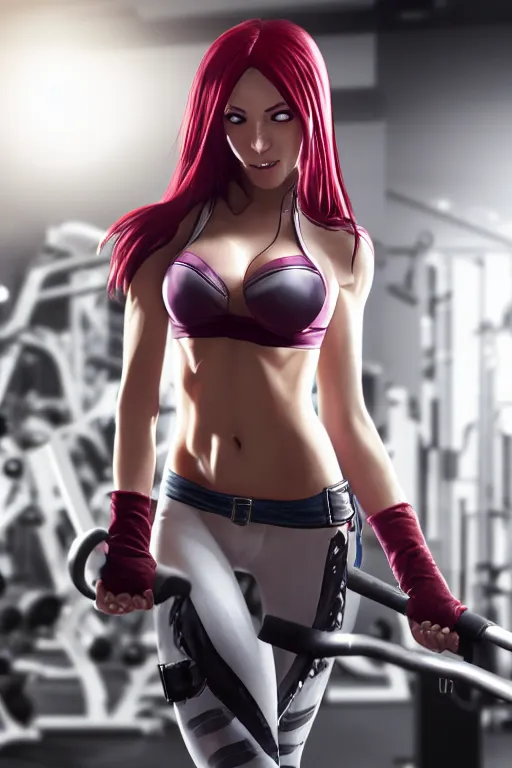 Prompt: Katarina from League of Legends at the gym, photorealistic full body, highly detailed