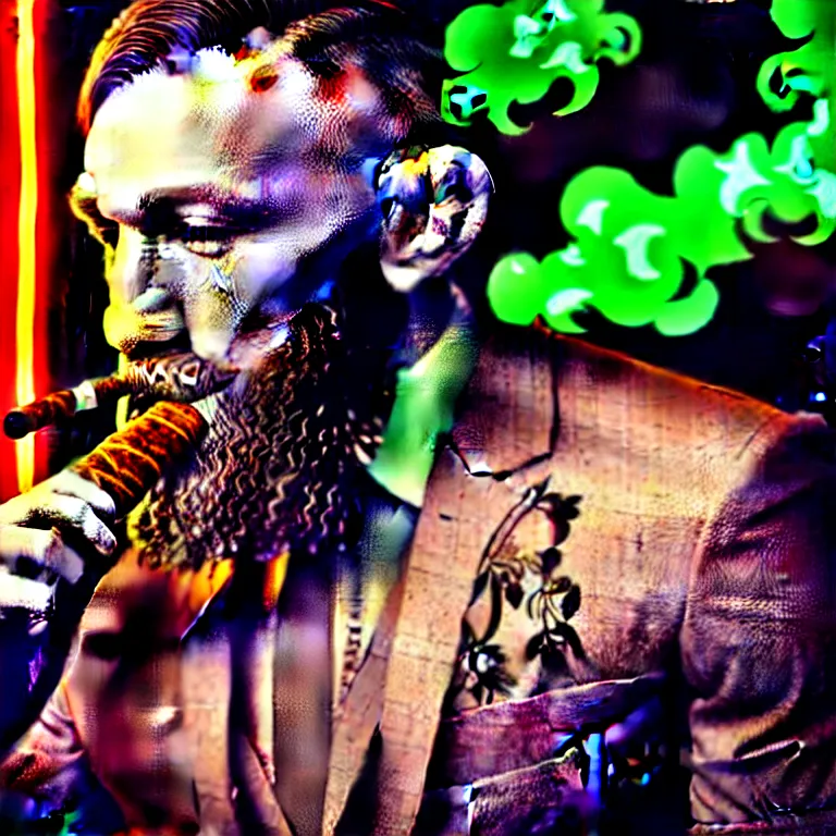 Prompt: a intricately detailed portrait of conor mcgregor smoking a lit cigar in an irish pub with a neon bar, smoke rising like clouds, balanced, trending on art station, volumetric lighting & shadows, hyper detailed, digital art, unreal engine, 4 0 0 mm f 1. 8,