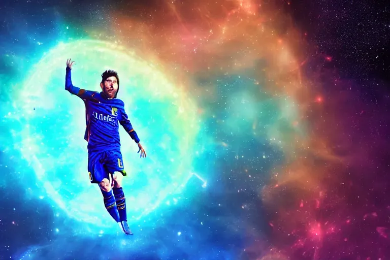 Image similar to a cosmic bioluminescent lionel messi jumping through a space nebula leaving stardust trails behind him, digital art, photorealistic