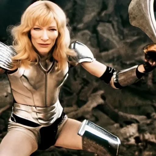 Image similar to cate blanchett fighting a monster, barbarella