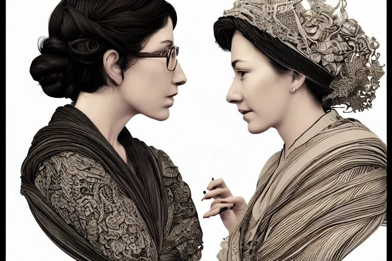 Image similar to portrait of two wise and very beautiful women discussing some texts appearing in a computer screen, art by shaft studio, intricate, elegant, highly detailed, smooth, sharp focus, artstation