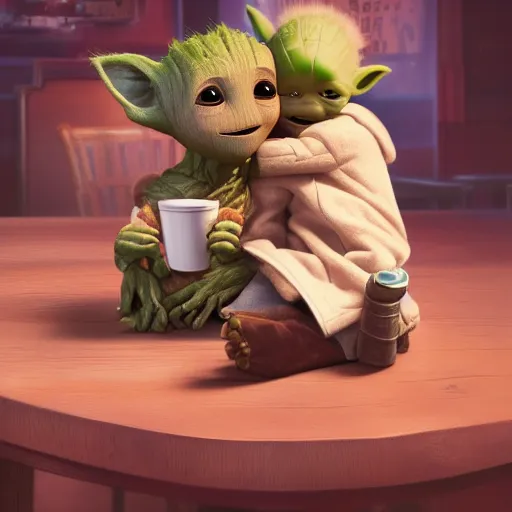 Prompt: Baby Groot and Baby Yoda are chilling in a coffee shop together hyperdetailed, artstation, cgsociety, 8k