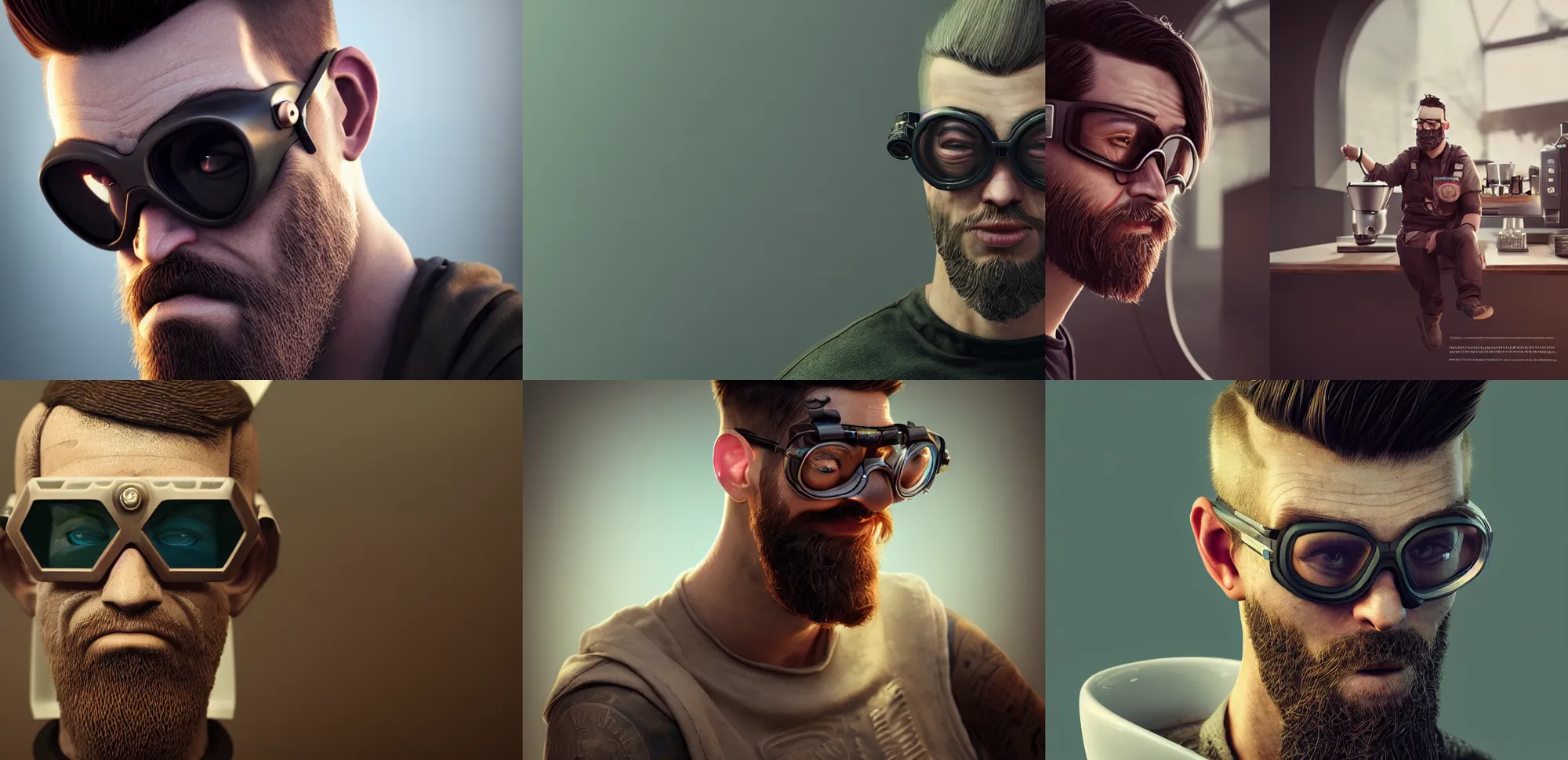 Prompt: incredibly realistic, too detailed face of a barista dude, viking undercut, hexagon goggles, octane render, bump mapping, macro image, global illumination, 8 k, bokeh, enki bilal, yuji himukai, jen zee, peter mohrbacher