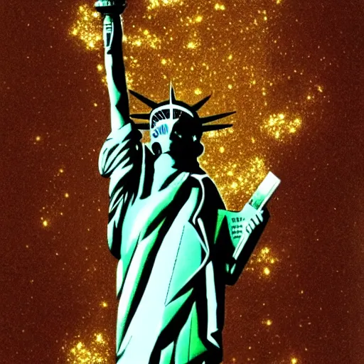 Prompt: photo of a gold and jewel-encrusted statue of liberty