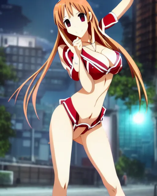 Prompt: pinup photo of asuna from sao in the center of the city, asuna by a - 1 pictures, by stephen bliss, glossy skin, pearlescent, anime, very coherent, maxim magazine