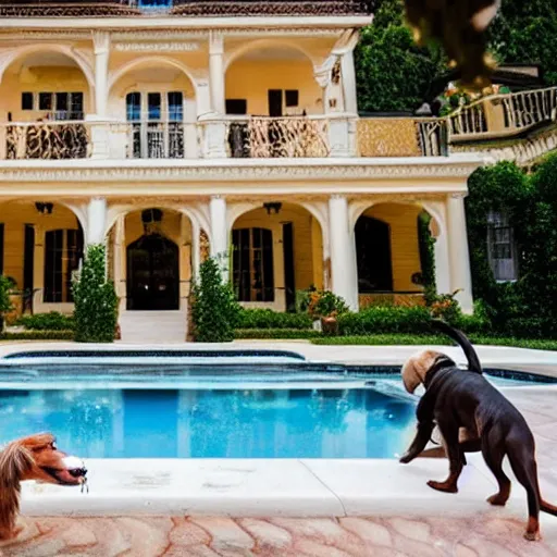 Image similar to a very detailed photo of a dog ( smoking a cigar ) outside the mansion by the pool