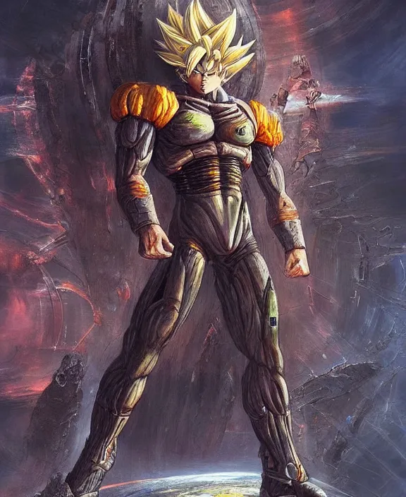 Image similar to sci - fi goku from dragon ball by hr giger and beksinski and stephan martiniere, trending on artstation, 4 k resolution, detailed, high quality, hq artwork