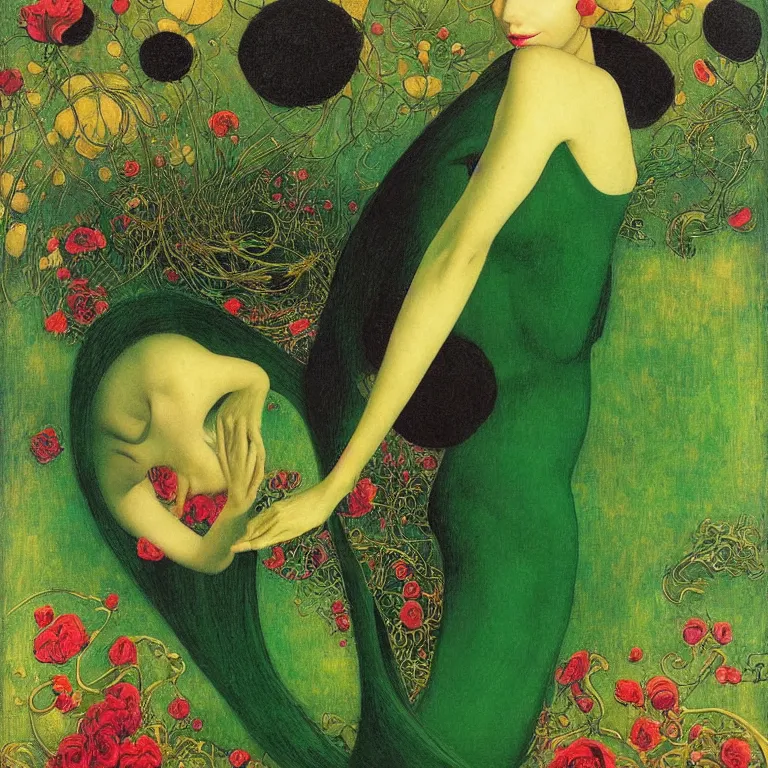 Prompt: !!!dream brunette woman standing in a green dress on a gold background, with black roses and red lips Anton Pic, Jean Delville, Amano, Yves Tanguy, Ernst Heckel, Edward Robert Hughes, Stanislaw Szukalski and Roger Dean photorealism