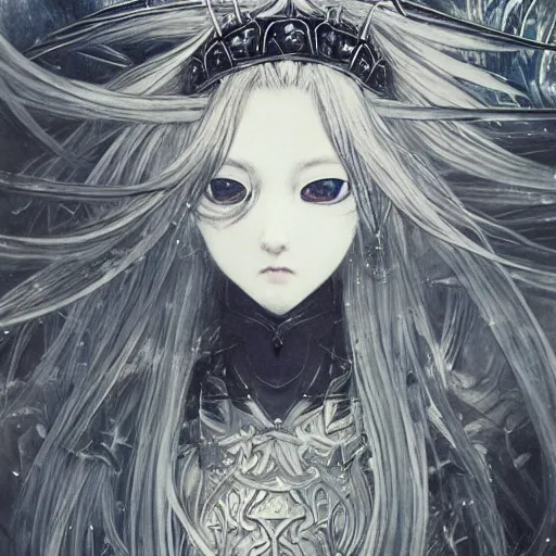 Prompt: yoshitaka amano blurred and dreamy illustration of an anime girl with black eyes, wavy white hair fluttering in the wind wearing elden ring armor and crown with engraving, highly detailed face, abstract black and white patterns on the background, noisy film grain effect, highly detailed, renaissance oil painting, weird portrait angle, blurred lost edges, three quarter view
