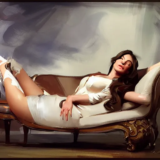 Prompt: portrait of kelly brook reclining on a couch greg manchess painting by sargent and leyendecker, studio ghibli, fantasy, medium shot, asymmetrical, intricate, elegant, matte painting, illustration, hearthstone, by greg rutkowski, by greg tocchini, by james gilleard, by joe fenton
