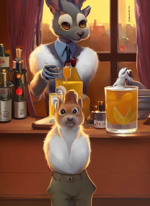 Image similar to squirrel anthro as a dapper bartender with a big, fluffy tail, retro futurism, art deco, detailed, painterly digital art by WLOP and Cory Loftis, 🐿🍸🍋, furaffinity, trending on artstation HD