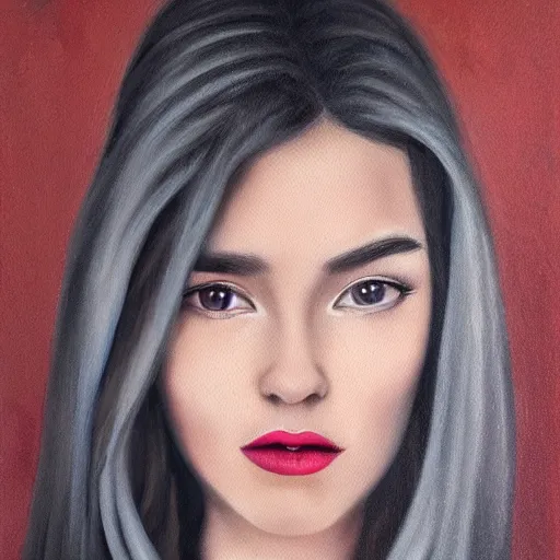 Prompt: a beautiful young female with grey dress, ombre lips, dark hair, piercing on the nose, oil painting, high detailed face