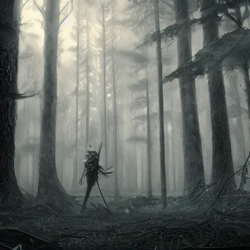 Prompt: a giant in a gray forest, eerie, concept art, digital painting, trending on artstation, hyper detailed