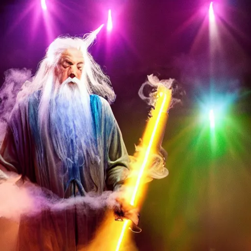 Prompt: gandalf playing in a funk band, fog machine, colored spotlights