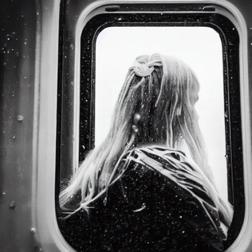 Prompt: a beautiful young woman with white hair looking out of a train window, cyberpunk city, photography, dslr 1 5 mm, rainy weather, 4 k