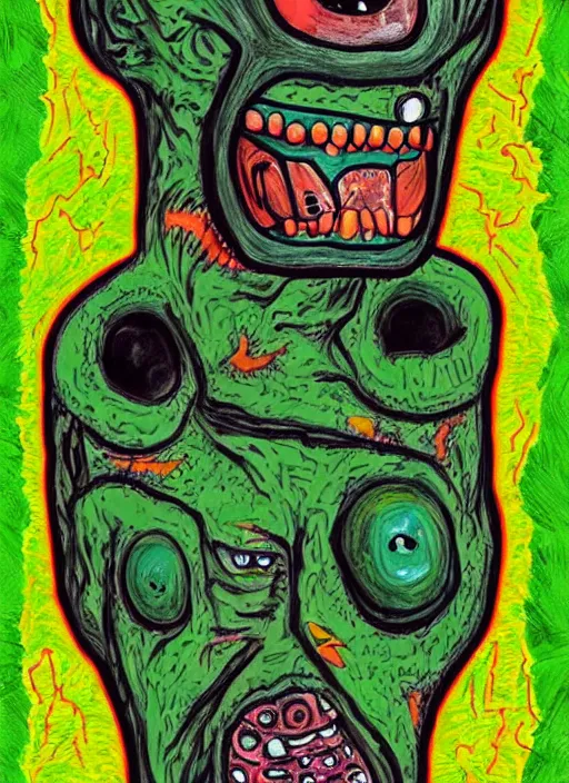 Prompt: a crazy alien art horror portrait, which has weird stretched out eyes and a misshapen mouth, green skin and orange background, art brut by a psycho man, full color crazy outsider outsider art