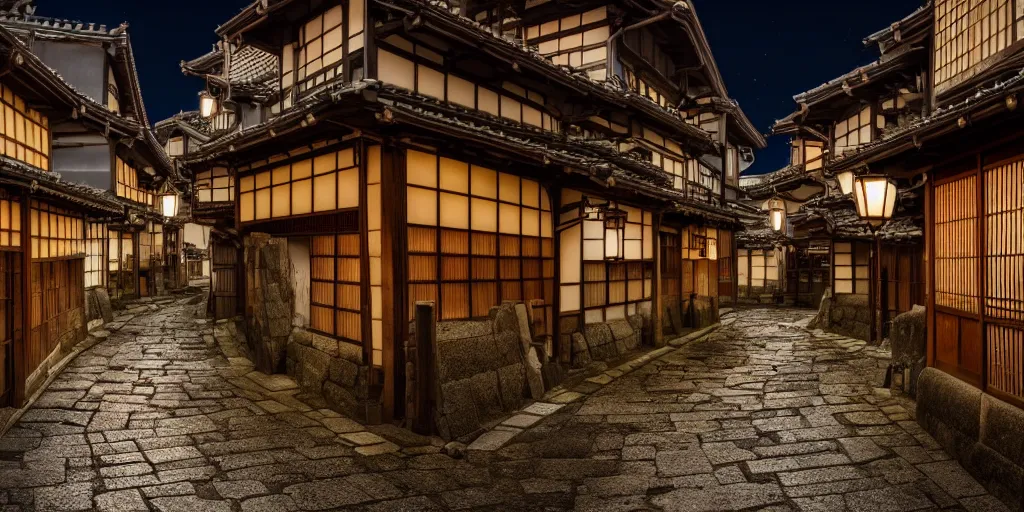 Prompt: Medieval Kyoto street at night landscape, 8K, trending on artstation, golden ratio