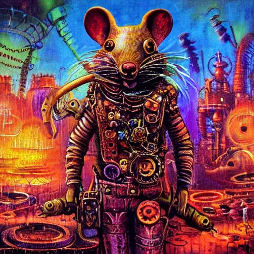 Image similar to steampunk rat, acid, 303, psychedelic, by paul lehr, cd cover for psytrance artist