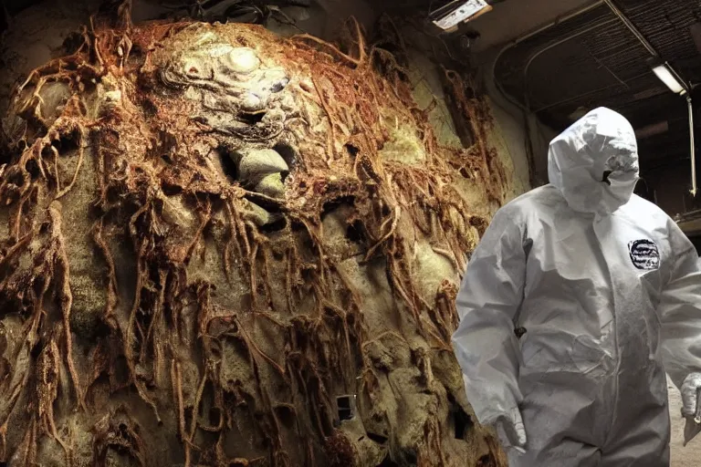 Image similar to a man in a hazmat suit looks on helplessly as a huge alien fungus monster grows out of control in a creepy underground lab with science and computer equipment