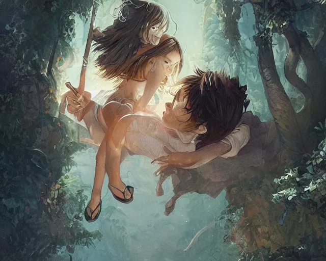 Image similar to a cinematic boy girl traditional romance moment, exploring the caves boho clothing, full body illustration, bestselling movie art poster, official media, 1970s fashion, dynamic lighting official anime media, incredible art by artgerm and greg rutkowski