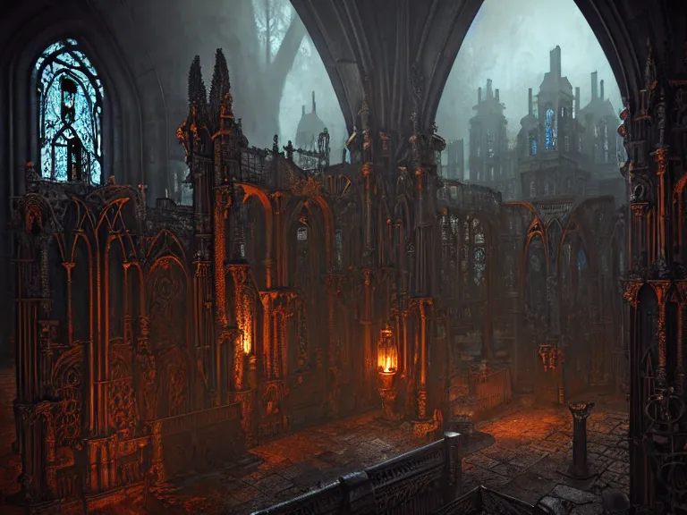 Image similar to steam necropolis, memento mori, gothic, neo - gothic, art nouveau, hyperdetailed copper patina medieval icon, stefan morrell, philippe druillet, ralph mcquarrie, concept art, steampunk, unreal engine, detailed intricate environment, octane render, moody atmospherics, volumetric lighting, ultrasharp, ominous, otherworldly