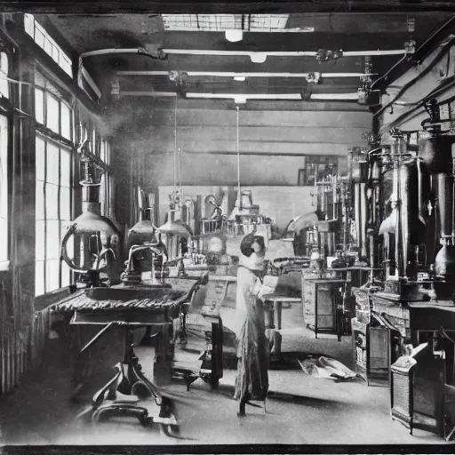 Image similar to and old victorian laboratory with lots of medical instruments, human heads in jars, one head is alive and looking at the camera