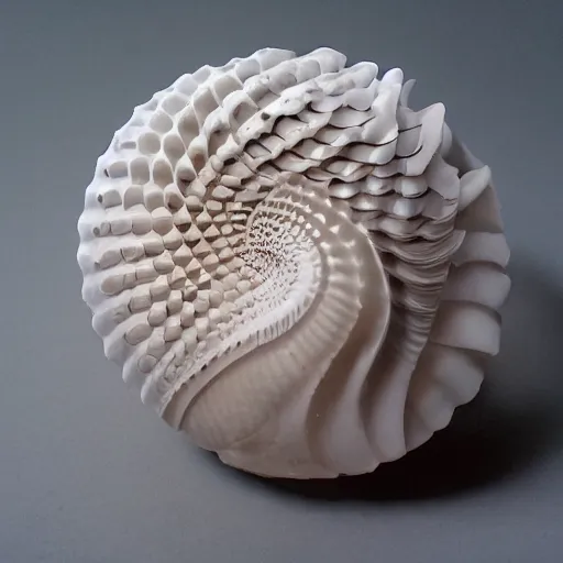 Image similar to a seashell made out of insane geometry. product photo