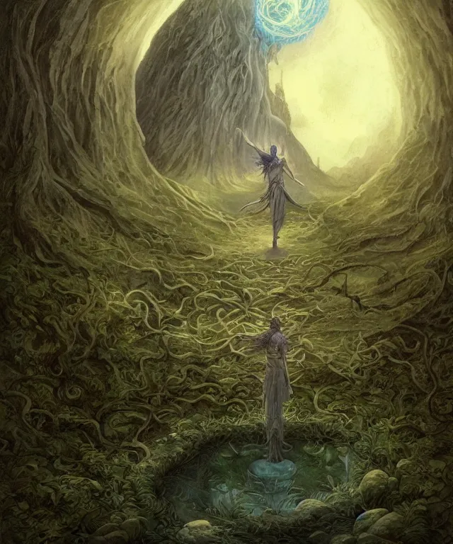 Image similar to a druid standing in a circle at the beginning of the world by alan lee and peter mohrbacher