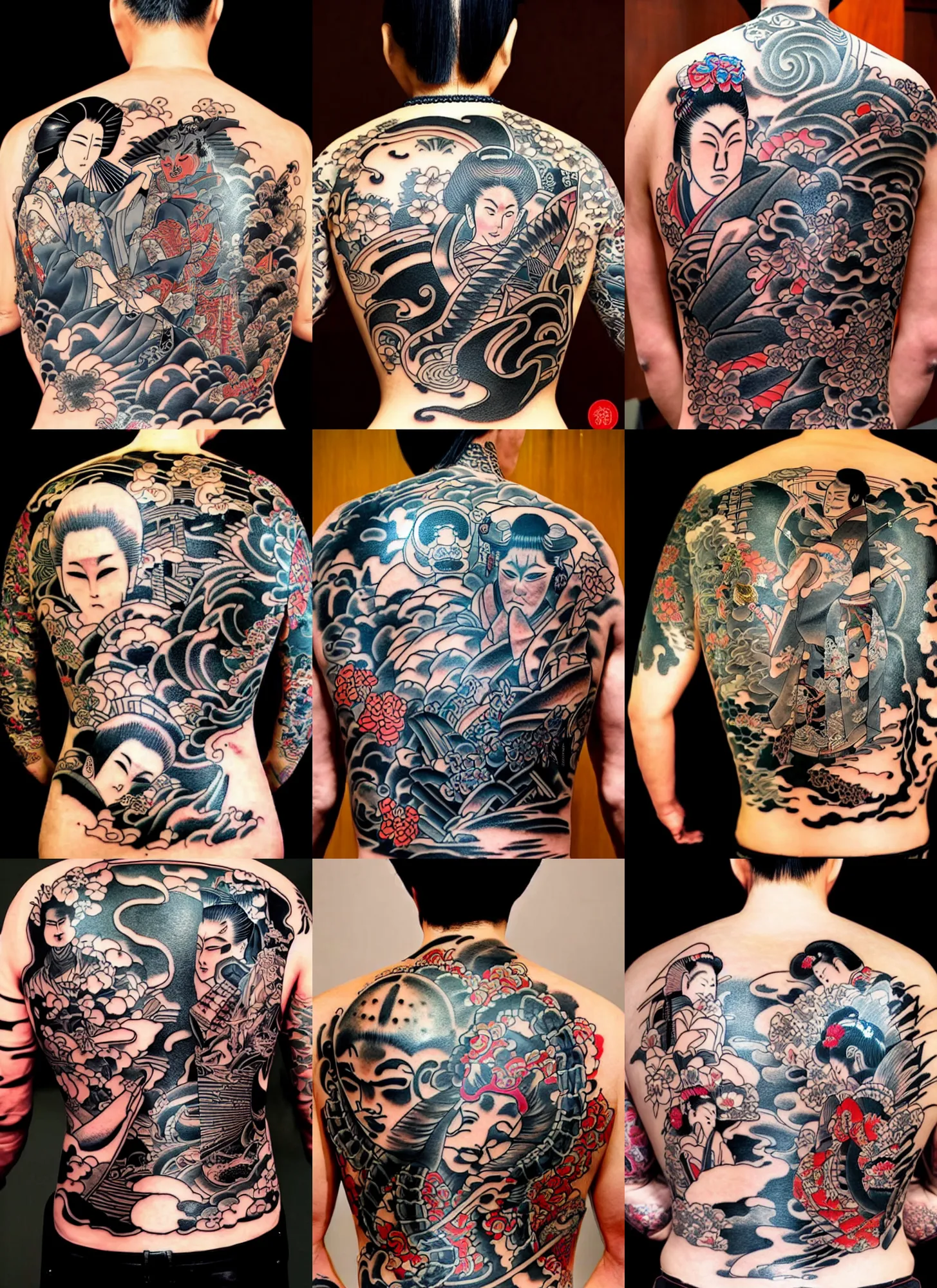 the back of a sitting geisha with yakuza tattoos with