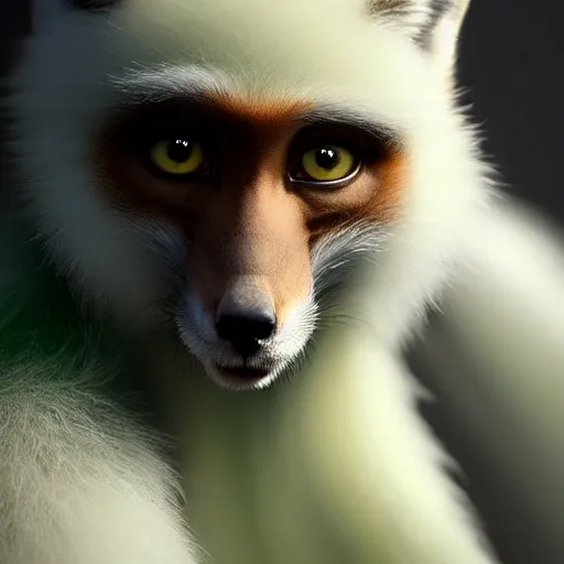 Prompt: fox as a monkey, fluffy white fur, black ears, stunning green eyes, extremely long white tail with black tip, award winning creature portrait photography, extremely detailed, artstation, 8 k, sensual lighting, incredible art, wlop, artgerm