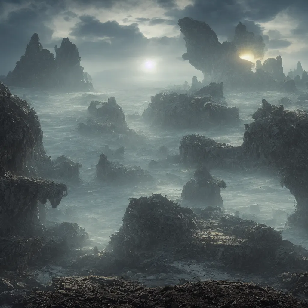 Prompt: An incredibly beautiful but ominous matte painting depicting a landscape with three suns, overgrowing a desolate ruins submerged in fog beneath the setting suns, nvidia, vray, evening, epic scale, octanerender