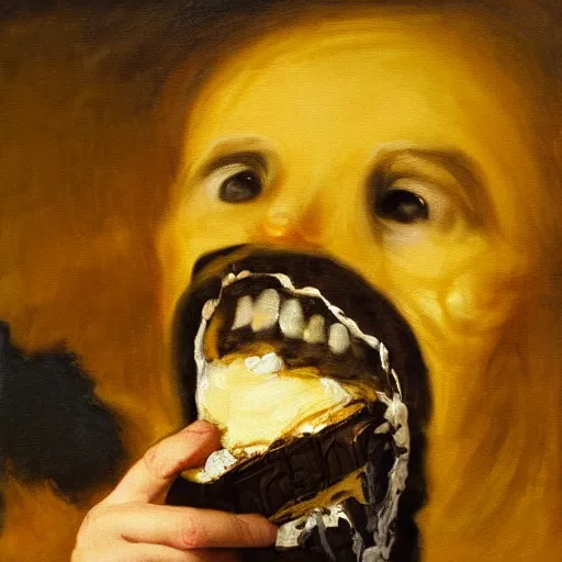 Image similar to saturn devouring a snickers chocolate bar, goya painting, in the style of goya and greg rutkowski, in the style of black paintings, 8 k, highly realistic