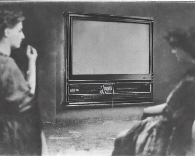 Image similar to 1 9 0 0 s photo of a person watching a flat screen hd tv