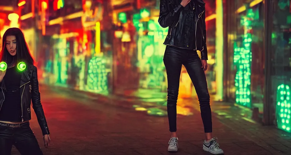 Prompt: A woman wearing LED headphones, a leather jacket, crop top and jeans checking her phone on a neon-lit cyberpunk city street, digital art