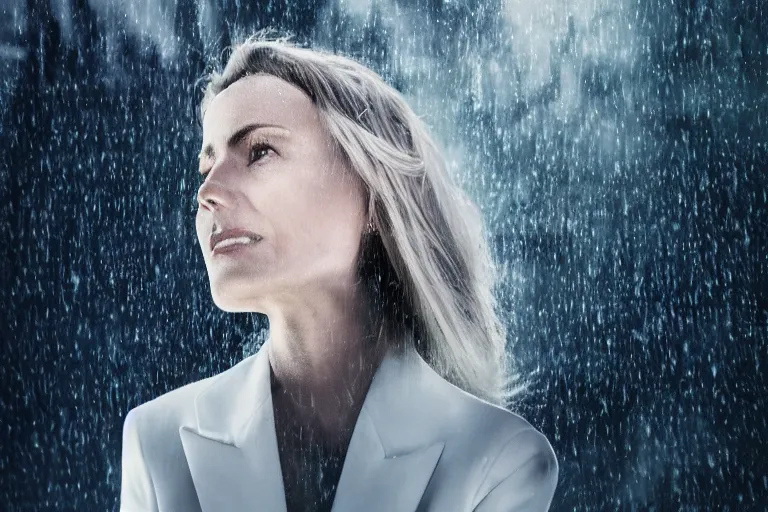 Image similar to a cinematic headshot portrait of a beautiful middle aged woman, wearing futuristic white suit on the top of a mountain, overlooking a vast serene forest, large diffused light, neon light, 4 k, ultra realistic, dramatic lighting, rain, clouds, fog, vogue, fashion, glamour, magazine spread, by marco mazzoni and jessica rossier