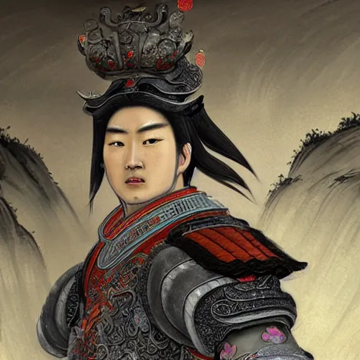 Image similar to dynamic composition, motion, ultra-detailed, incredibly detailed, a lot of details, amazing fine details and brush strokes, colorful and grayish palette, smooth, HD semirealistic anime CG concept art digital painting, watercolor oil painting of a Tang Ming dynasty chinese tao fantasy general wearing armor, from Three Kingdoms, by a Chinese artist at ArtStation, by Huang Guangjian, Fenghua Zhong, Ruan Jia, Xin Jin and Wei Chang. Realistic artwork of a Chinese videogame, gradients, gentle an harmonic grayish colors.