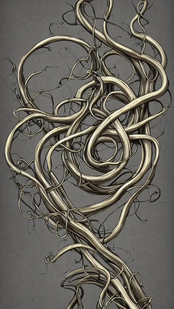 Image similar to a French horn with long thick vines wrapping around it, fantasy art, art station, grey background,