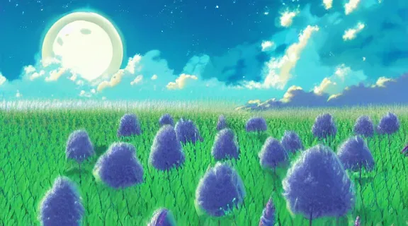 Image similar to Kokomi sitting in a field of Ghibli Clover | Big Moon at Blue Night | GLOWING FLOWERS | strong blue rimlit | visual-key | anime illustration | highly detailed High resolution | in the style of Anmi