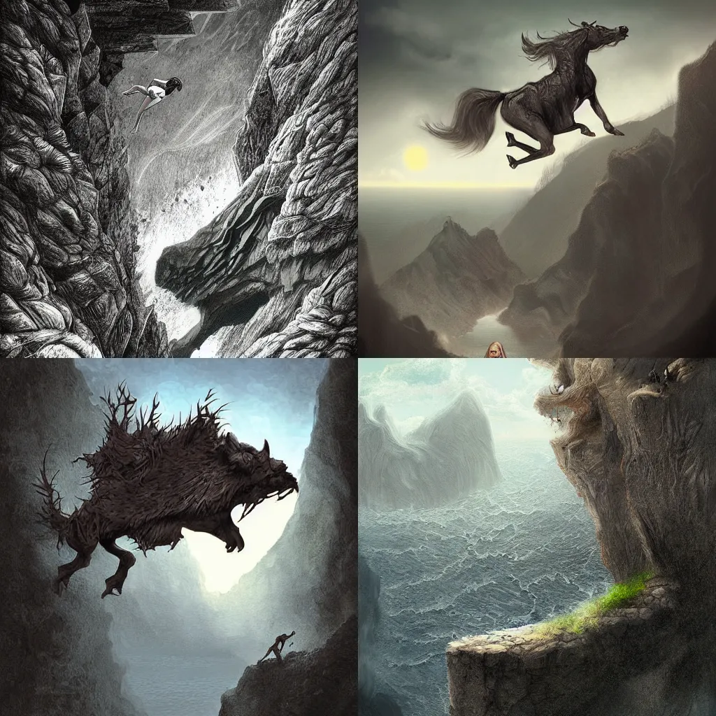 Prompt: to jump off a cliff, digital art, dark fantasy, highly detailed, no crop