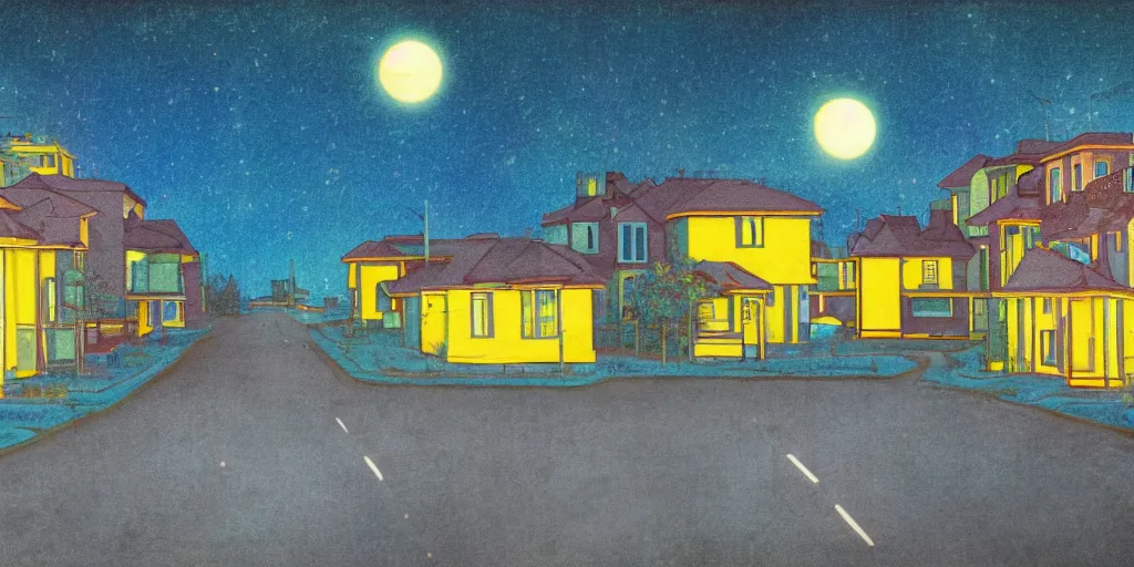 Image similar to suburban street at night, cool color scheme, radioactive light streaming out of the windows of houses, midnight blue sky, shining yellow moon, isolated, empty street, liminal space, mural, 1980s airbrush style