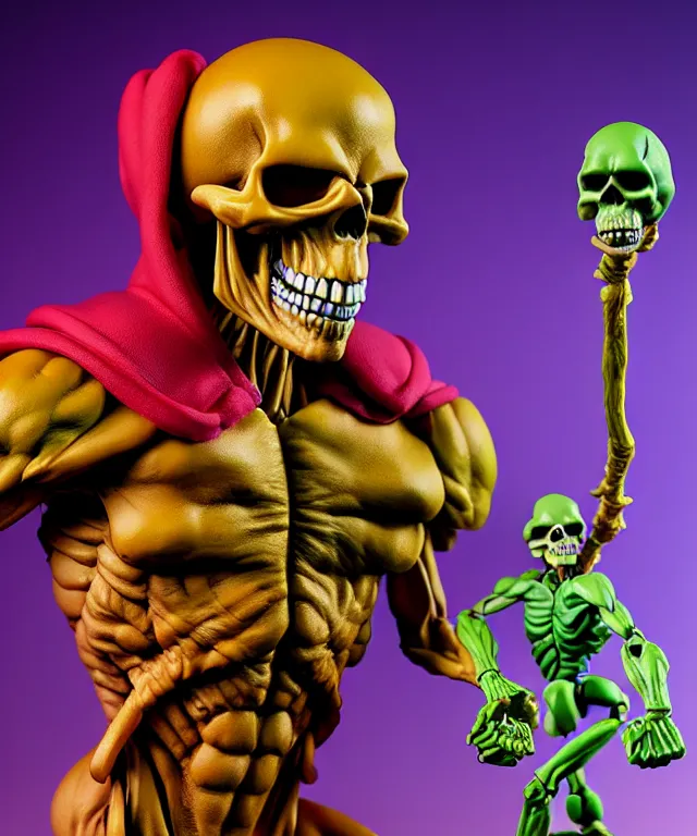 Image similar to hyperrealistic rendering, skeletor, by art of skinner and richard corben and jeff easley, product photography, action figure, sofubi, studio lighting, colored gels